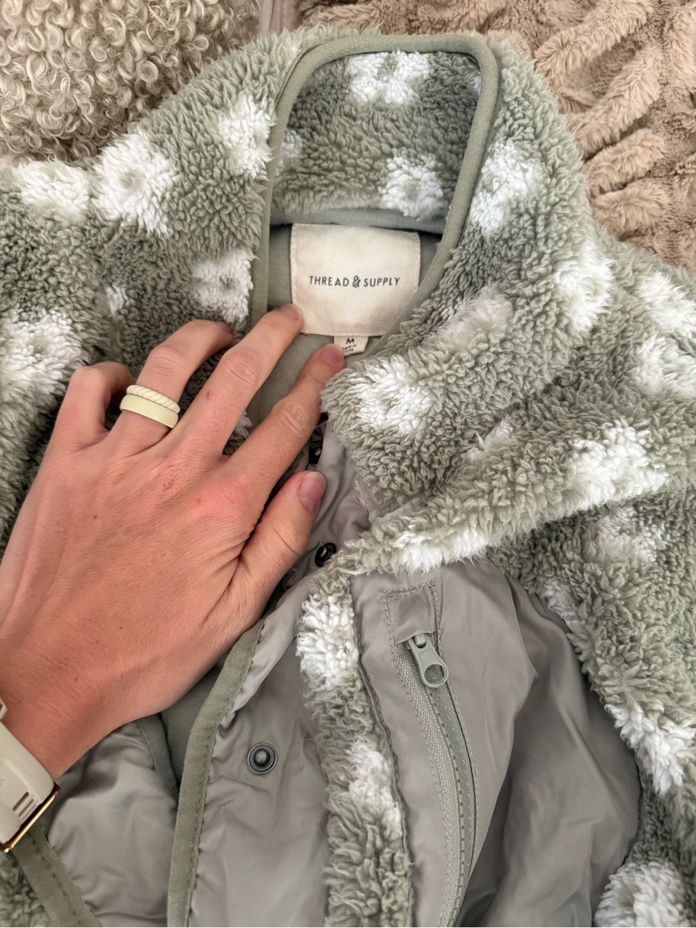 Thread & Supply Olive Green and White Floral Fleece Jacket - Picture 3 of 3